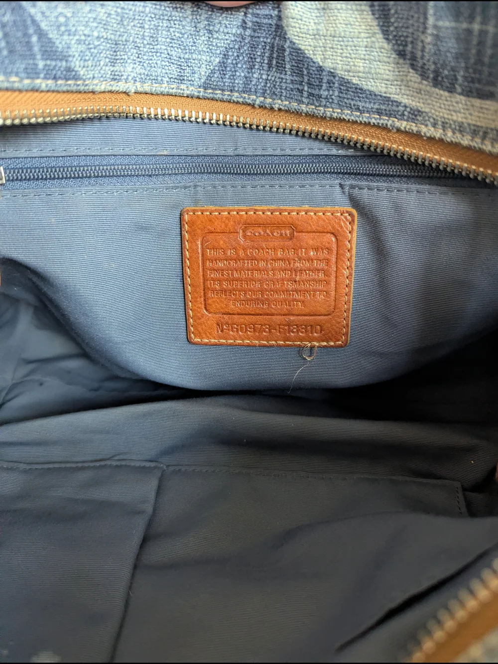 Coach Blue Pattern Logo Tote with Brown Trim